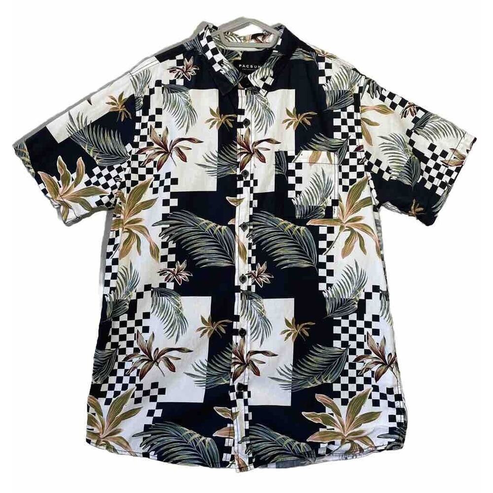 Pacsun Hawaiian Shirt Mens Medium Button Up Short Sleeve Floral Cotton Blk White